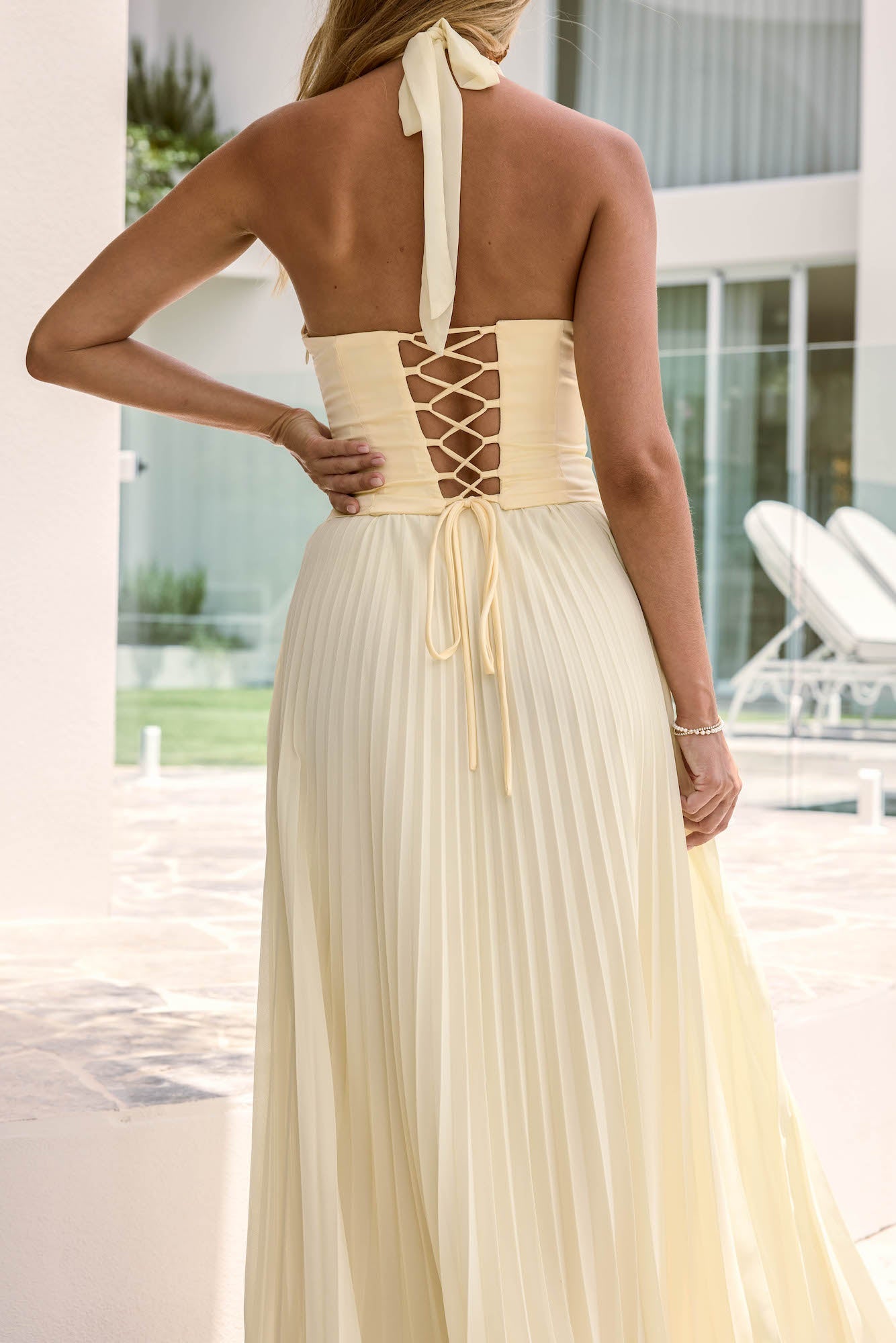Robe Maxi Plissée Halter Paradise Falls Jaune