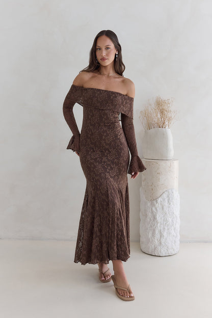 Robe Maxi en Maille Off Shoulder Here For Love Chocolat
