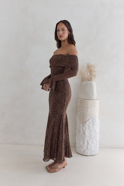 Robe Maxi en Maille Off Shoulder Here For Love Chocolat