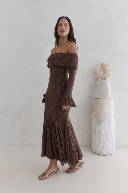 Robe Maxi en Maille Off Shoulder Here For Love Chocolat