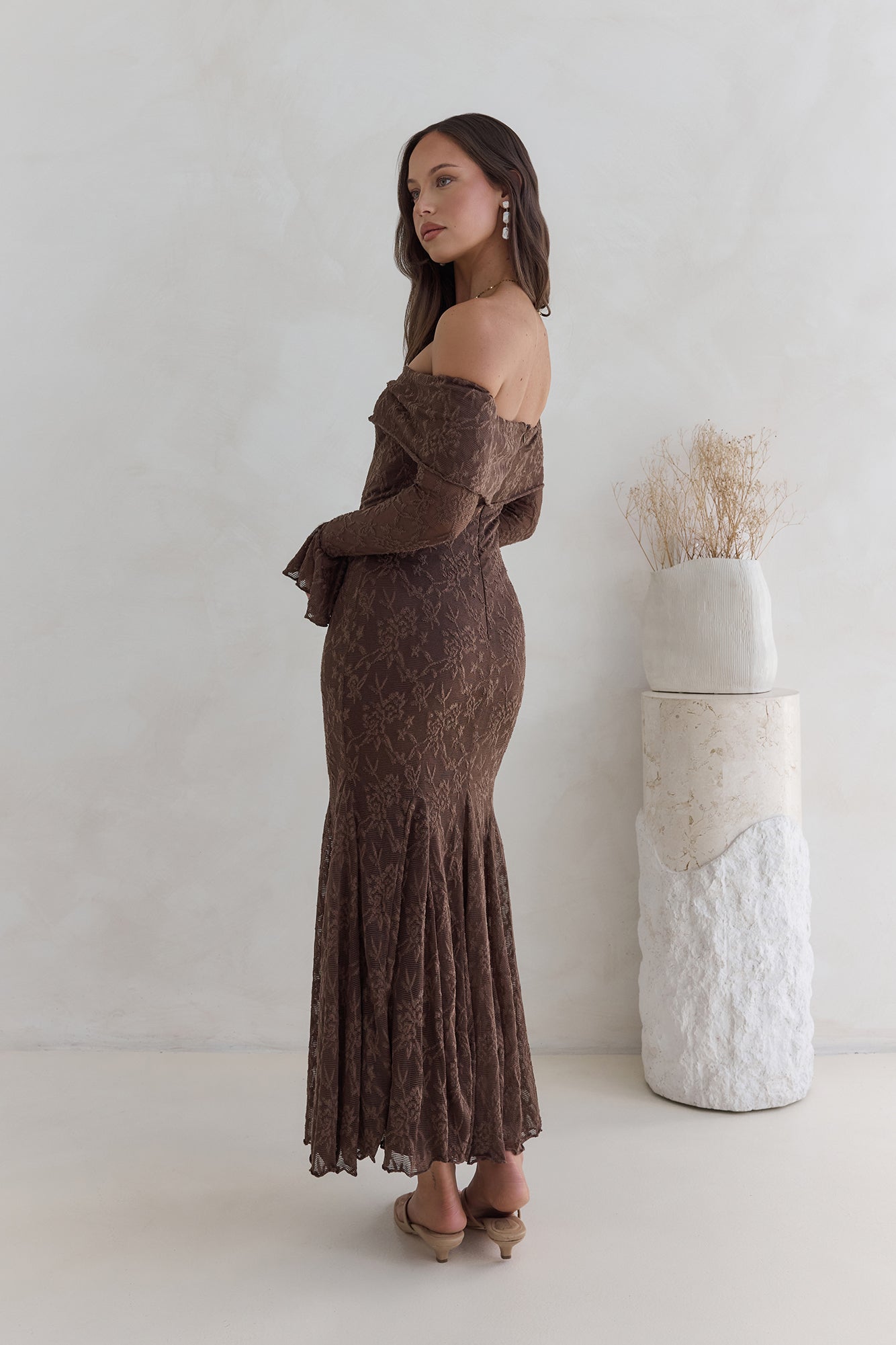 Robe Maxi en Maille Off Shoulder Here For Love Chocolat