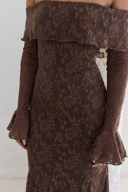 Robe Maxi en Maille Off Shoulder Here For Love Chocolat
