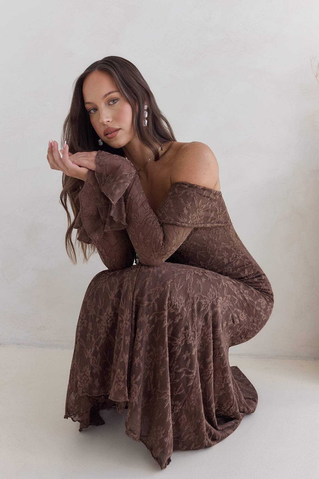 Robe Maxi en Maille Off Shoulder Here For Love Chocolat