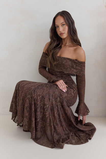 Robe Maxi en Maille Off Shoulder Here For Love Chocolat