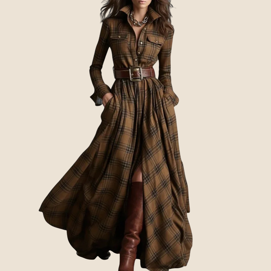 Barbara | Robe à carreaux chaude et élégante avec ceinture