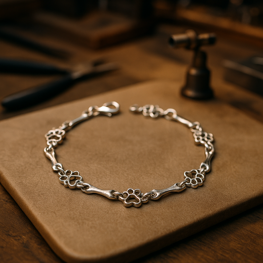 Bracelet en argent avec pendentif en forme de patte de chien et d'os