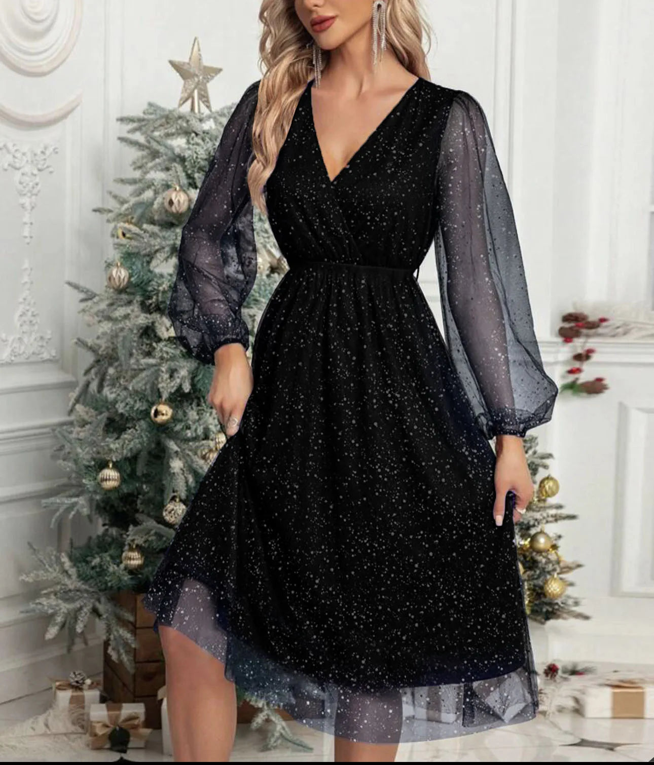 Claudia | Robe de soirée élégante avec une subtile brillance et des manches en mesh