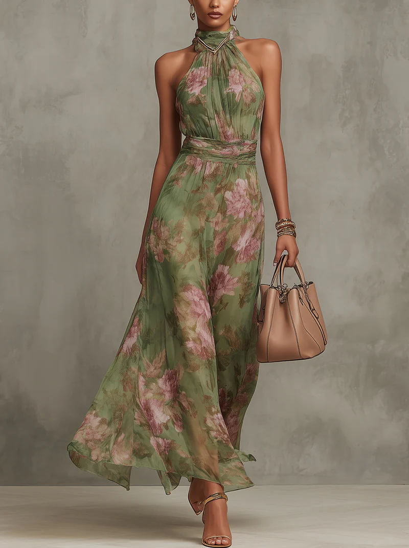 Livia | Robe Maxi Halter Fleurie
