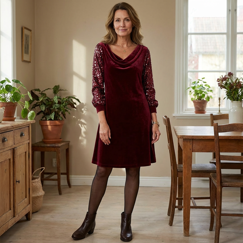 Jacqueline | Robe de fête en velours luxueux avec des manches scintillantes