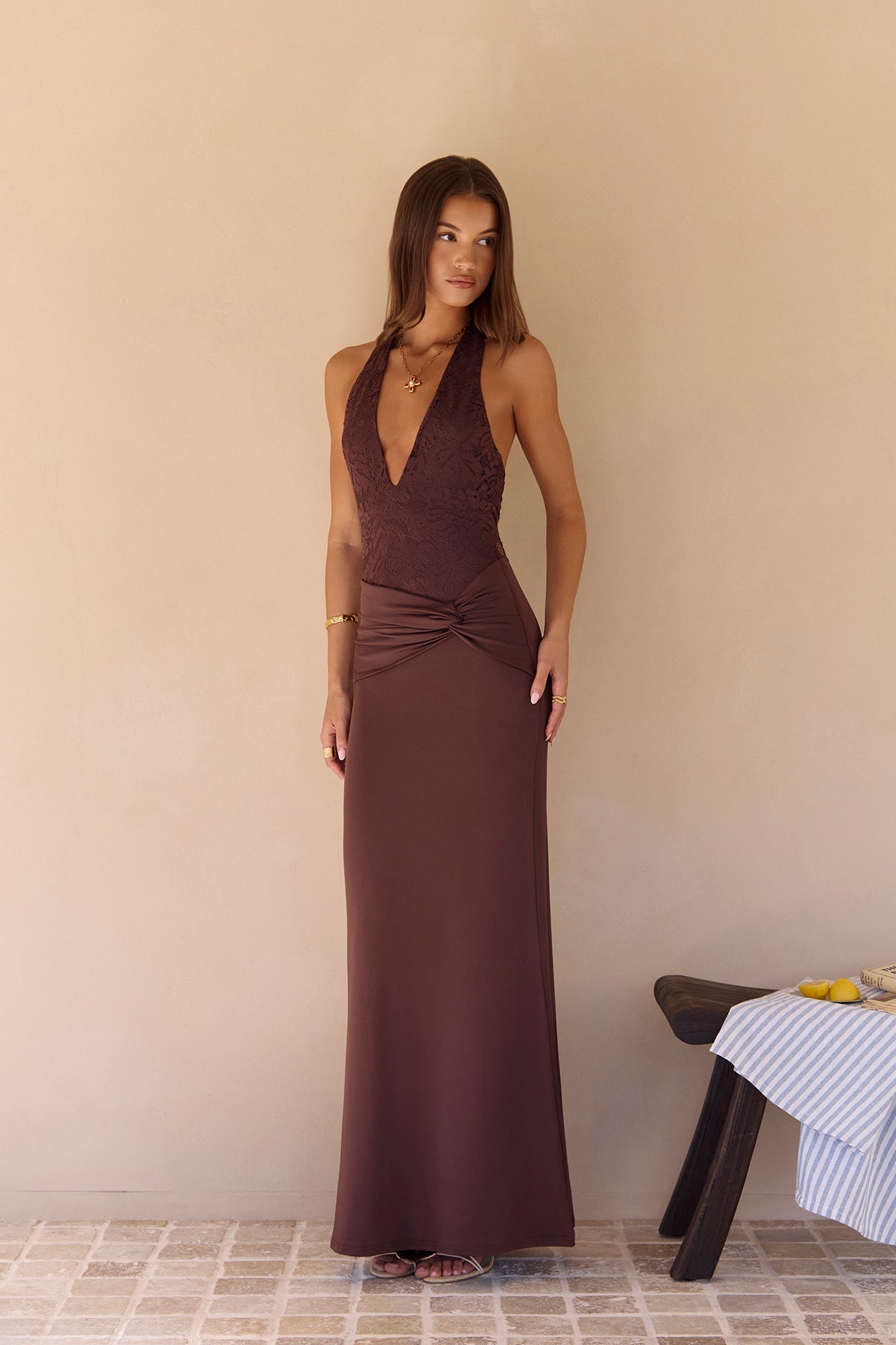 Robe Maxi Halter Seaside Glow Marron