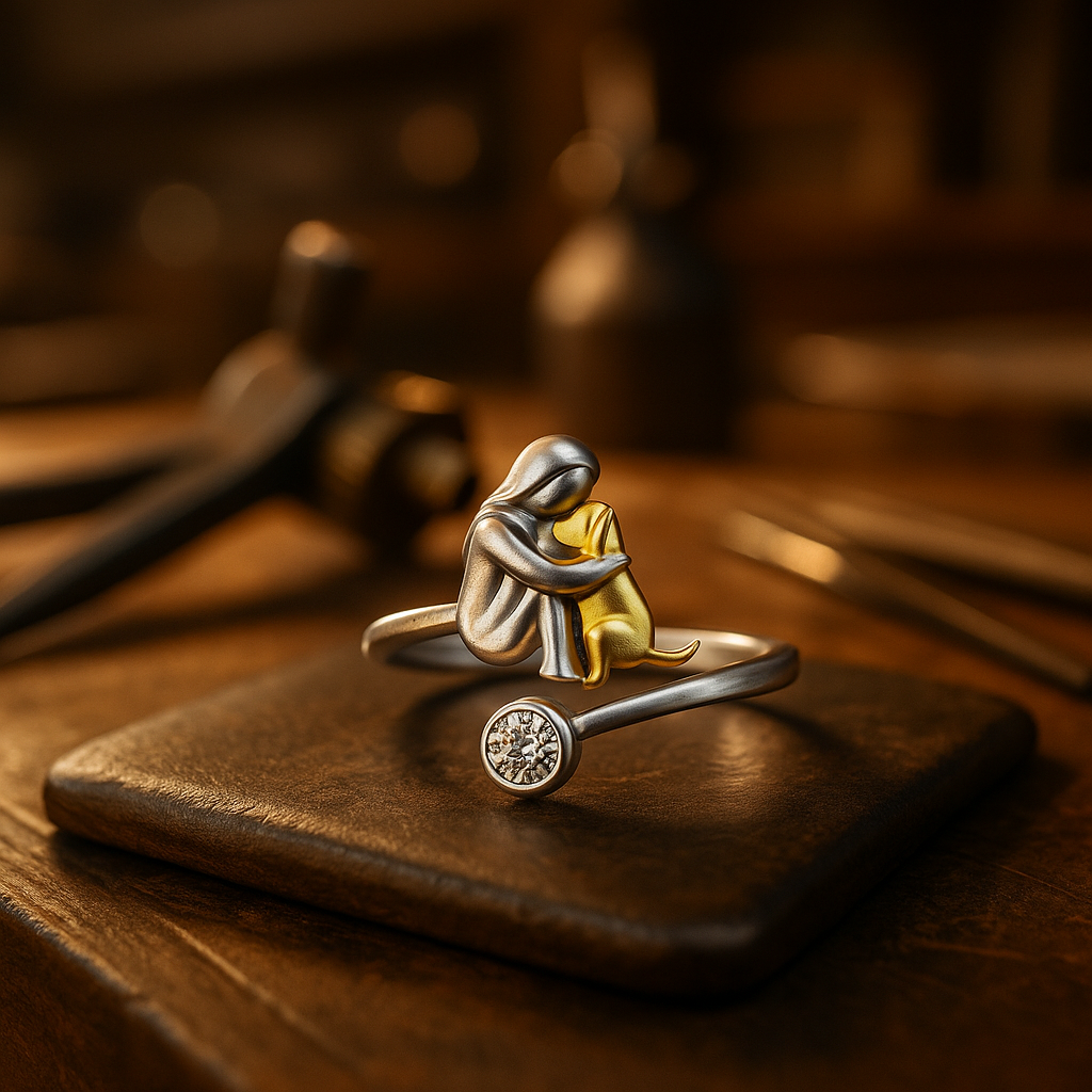 Bague en argent avec un petit chien et des pierres en zircon.